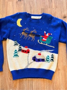 Vtg 80 Robert Scott Ltd Christmas Wool Sweater Santa Reindeer Ugly Christmas Med
